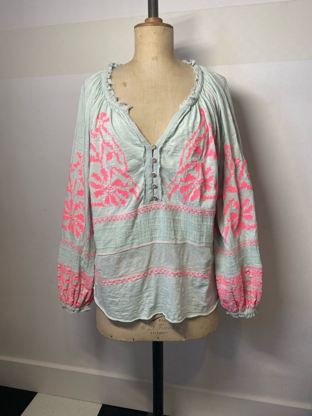 Free People Embroidered Boho Blouse – Mint & Coral – Size XS
